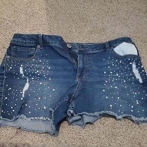 Distressed Jean Shorts with Beading